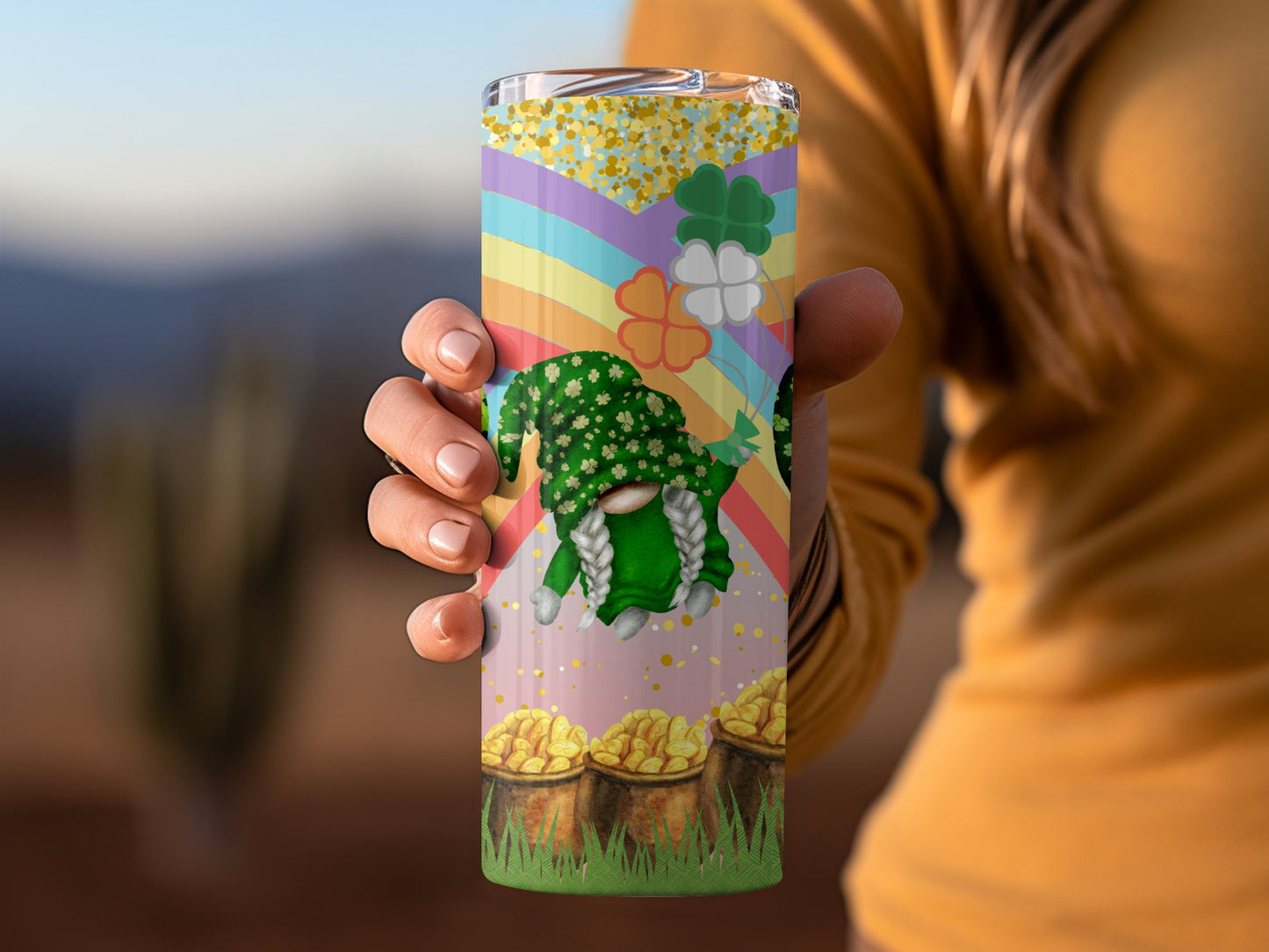 Rainbow Leprechaun Graphic with Clover and Gold Cup Tumbler