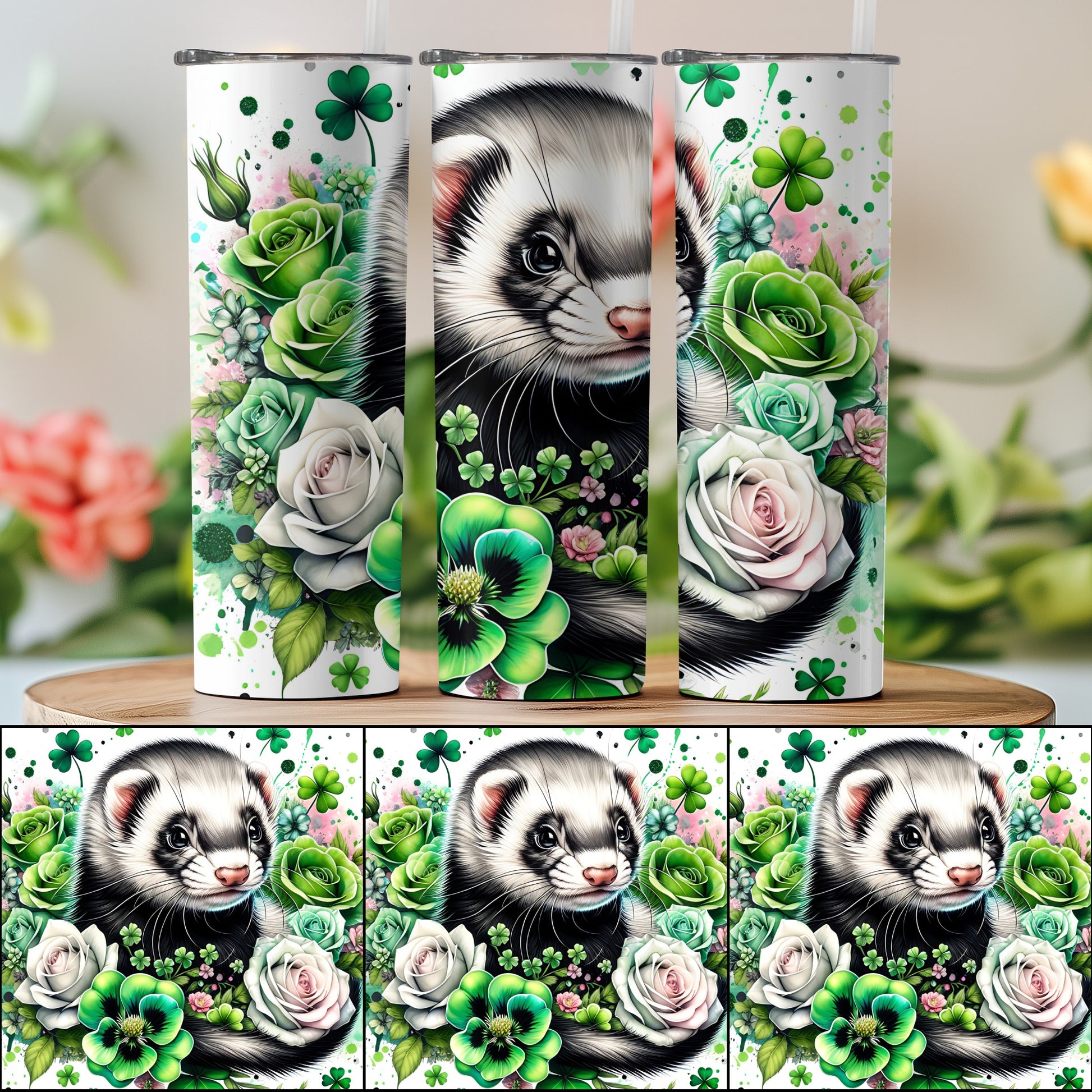 Floral Ferret Mug with Clover and Roses Design