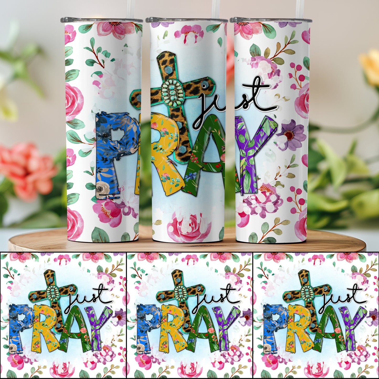 Just Pray Floral Cross Design Tumbler product