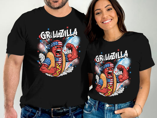 Man and woman in black t-shirts with "Grillzilla" hot dog graphic.