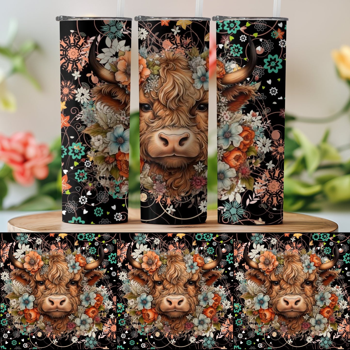 Floral Highland Cow Design Tumbler Artistic Drinkware product type