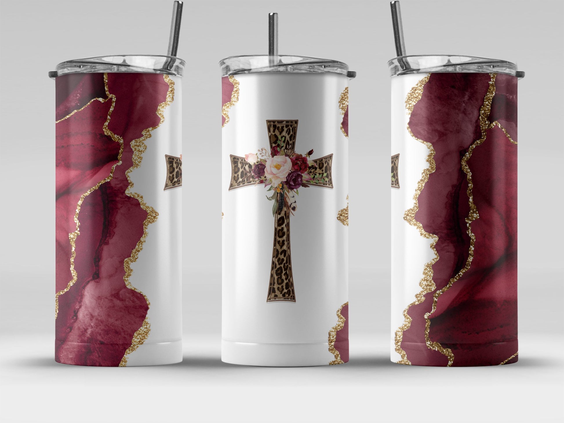 Leopard Cross with Burgundy Floral Design Tumbler product