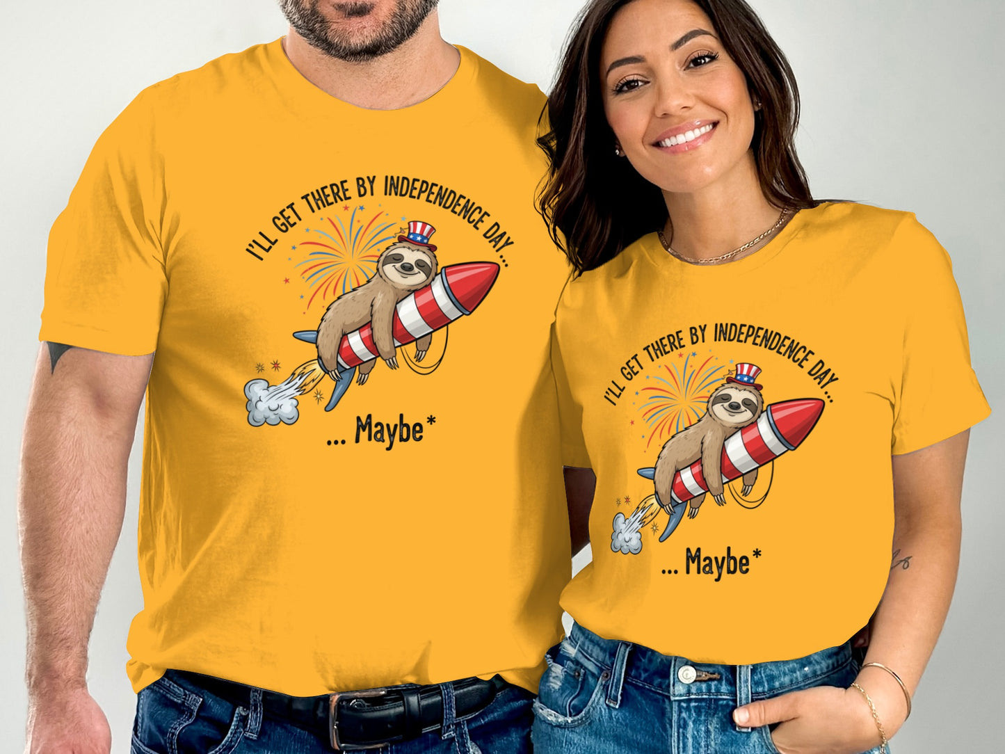 Yellow t-shirts with sloth on rocket, text "I'll get there by Independence Day... Maybe*"