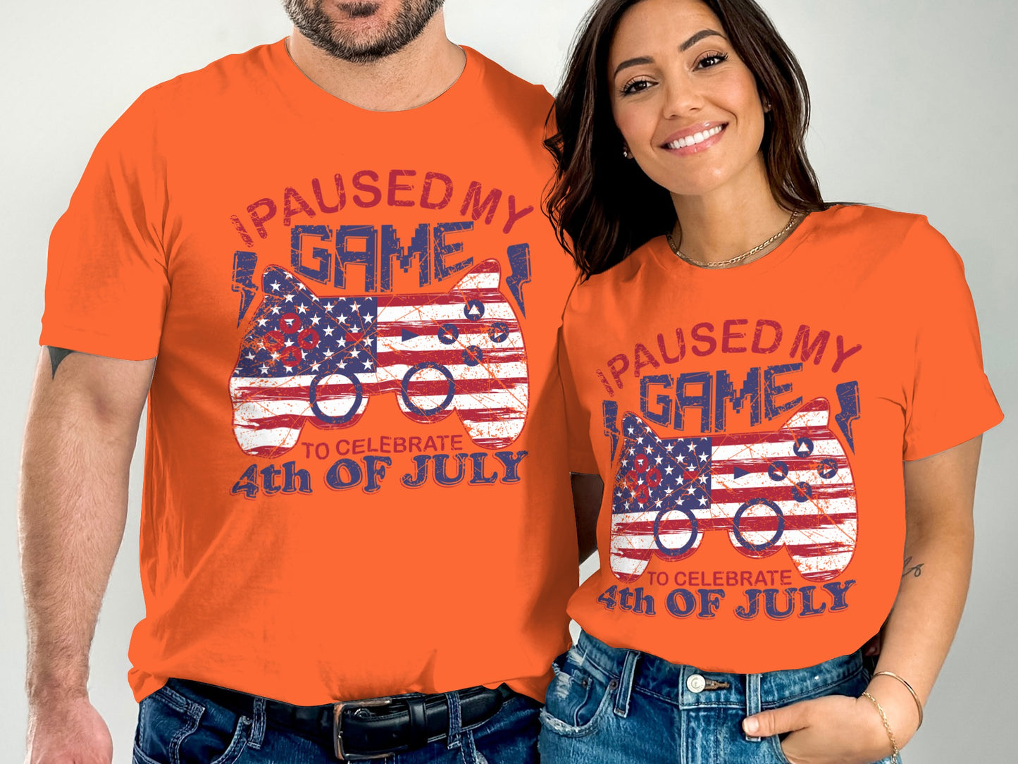 Orange t-shirts with "Paused My Game to Celebrate 4th of July" text.