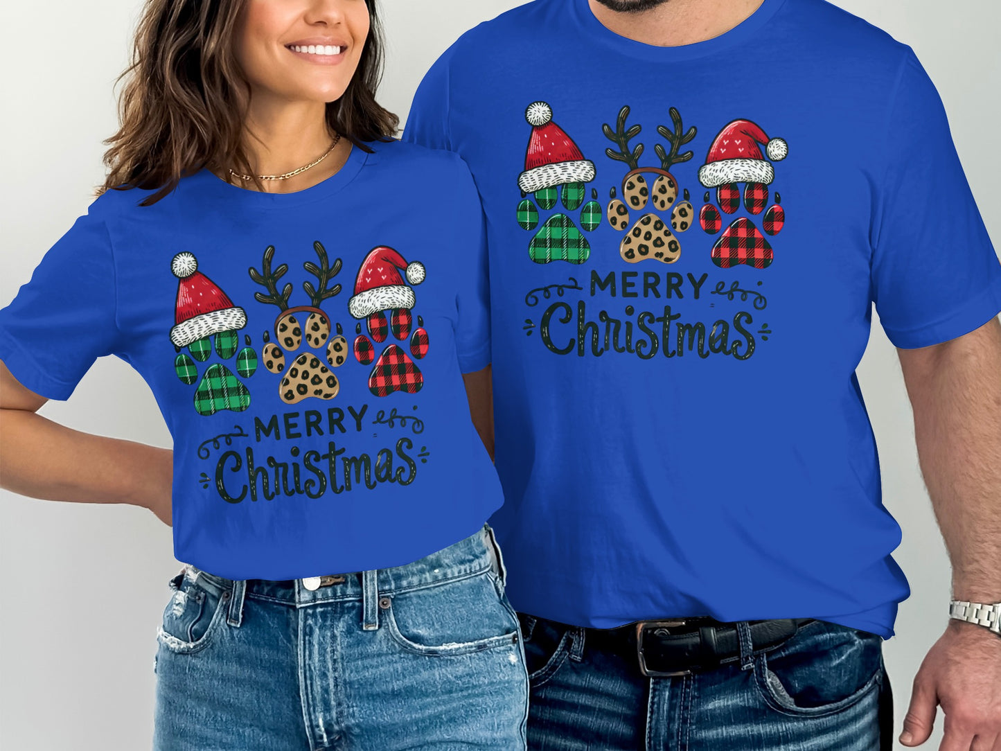 Festive Merry Christmas Matching Blue T-Shirts
