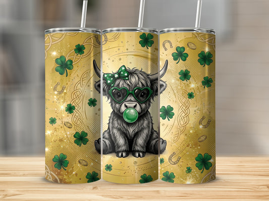 Adorable Irish Themed Cow with Green Clovers Tumbler