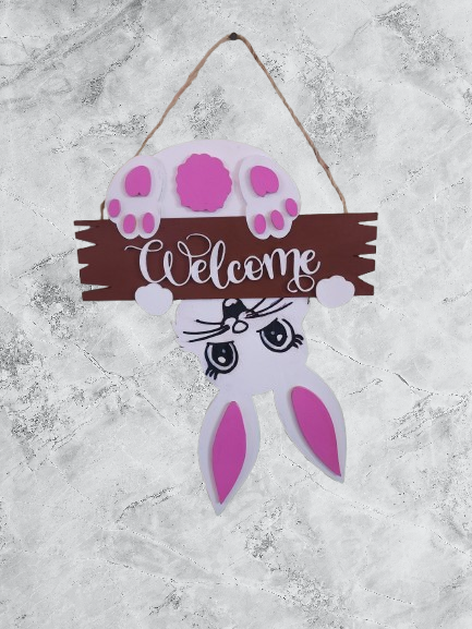 Bunny Welcome Sign, Handmade Wooden Decor, Easter Decor, Spring Decor, Rabbit Door Hanger, Farmhouse Decor, Cute Animal Decor