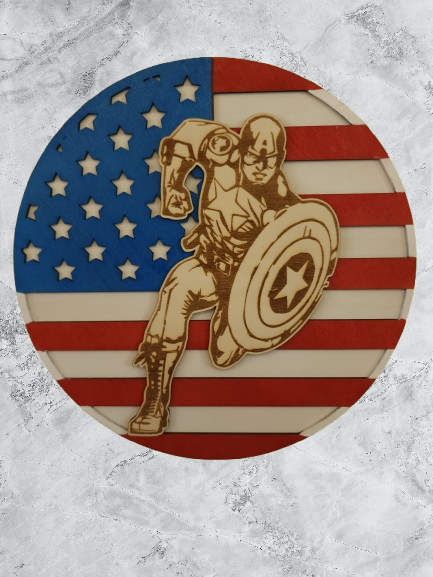 Captain America Wood Decor, Patriotic Handmade Wooden Decor, Superhero Fan Gift, American Flag Wood Art, Comic Book Decor