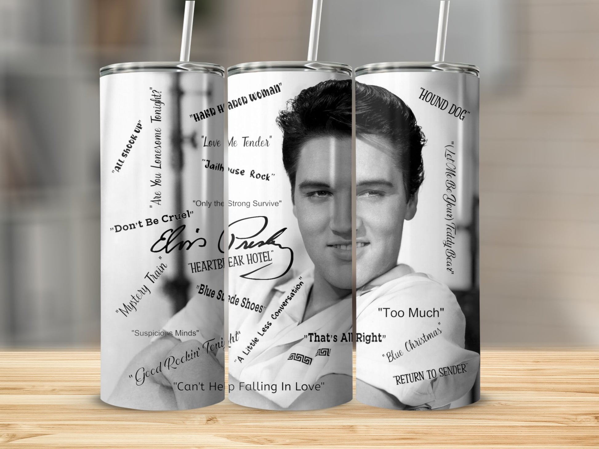 Stainless steel tumbler featuring classic song titles and a black and white portrait, perfect Elvis tumbler gift