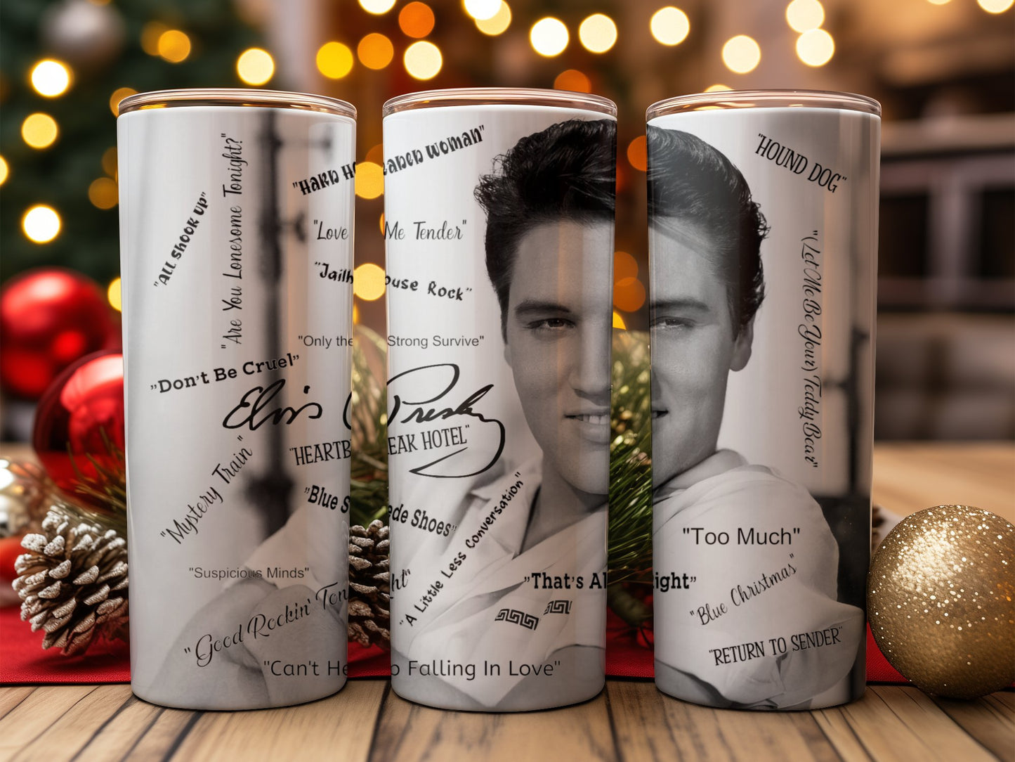 Set of three Elvis Presley tumblers featuring black and white portrait and classic song titles perfect as an Elvis tumbler gift