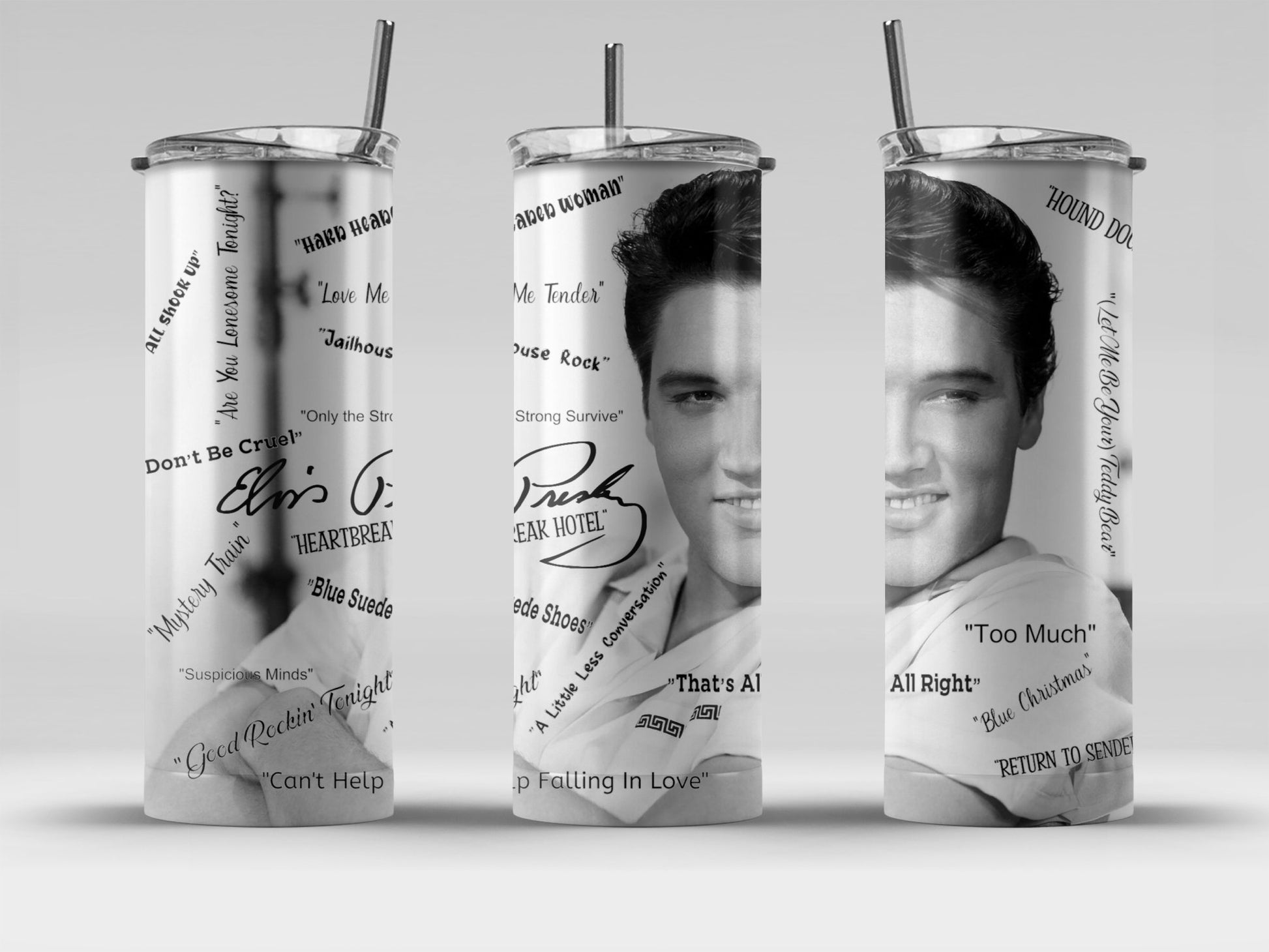 Elvis tumbler gift featuring black and white images of Elvis Presley and song titles