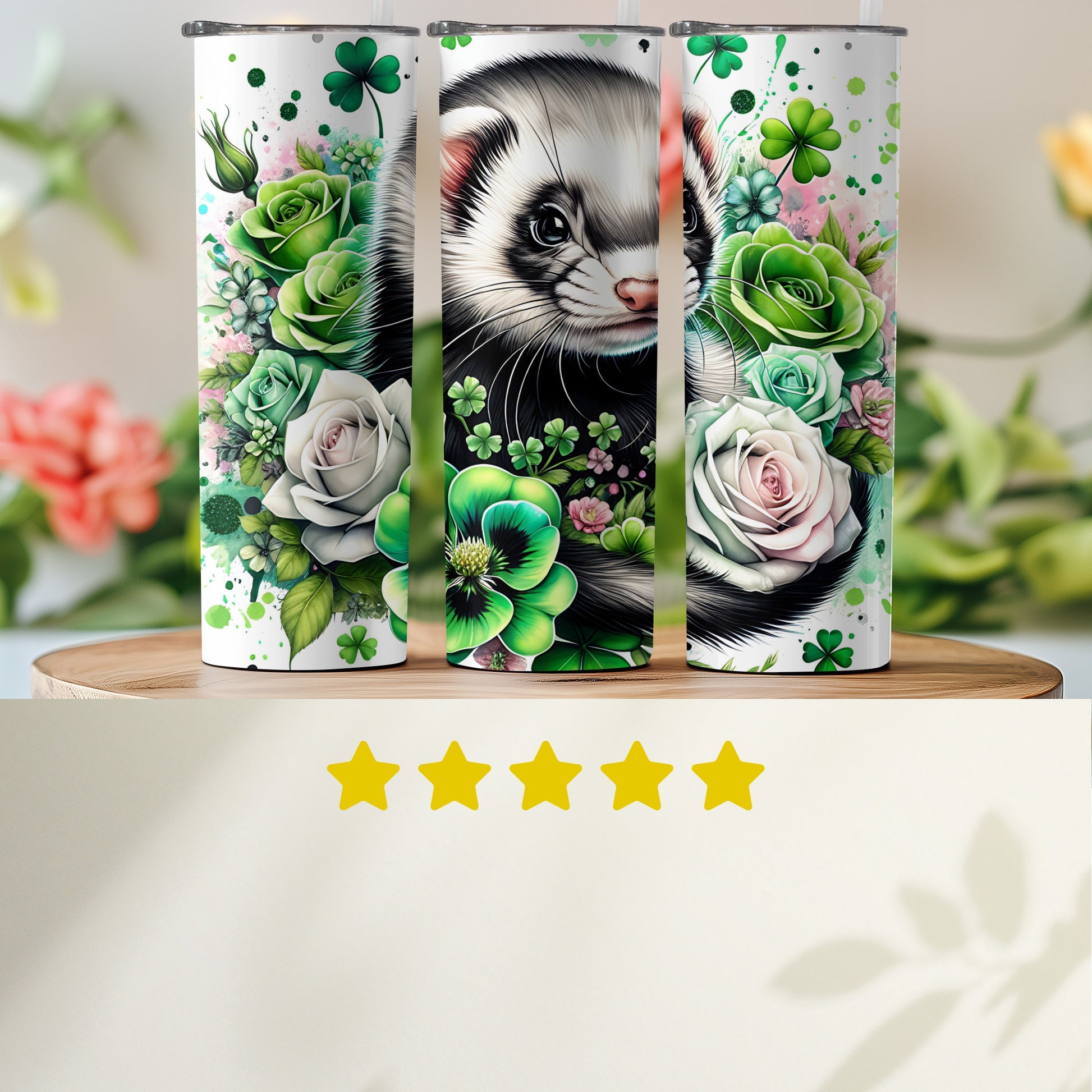 Floral Ferret and Shamrocks Design Tumbler With Lid