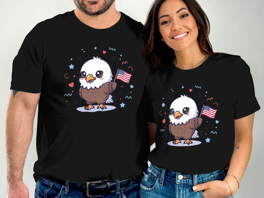 Cartoon eagle wearing a t-shirt, holding American flags.