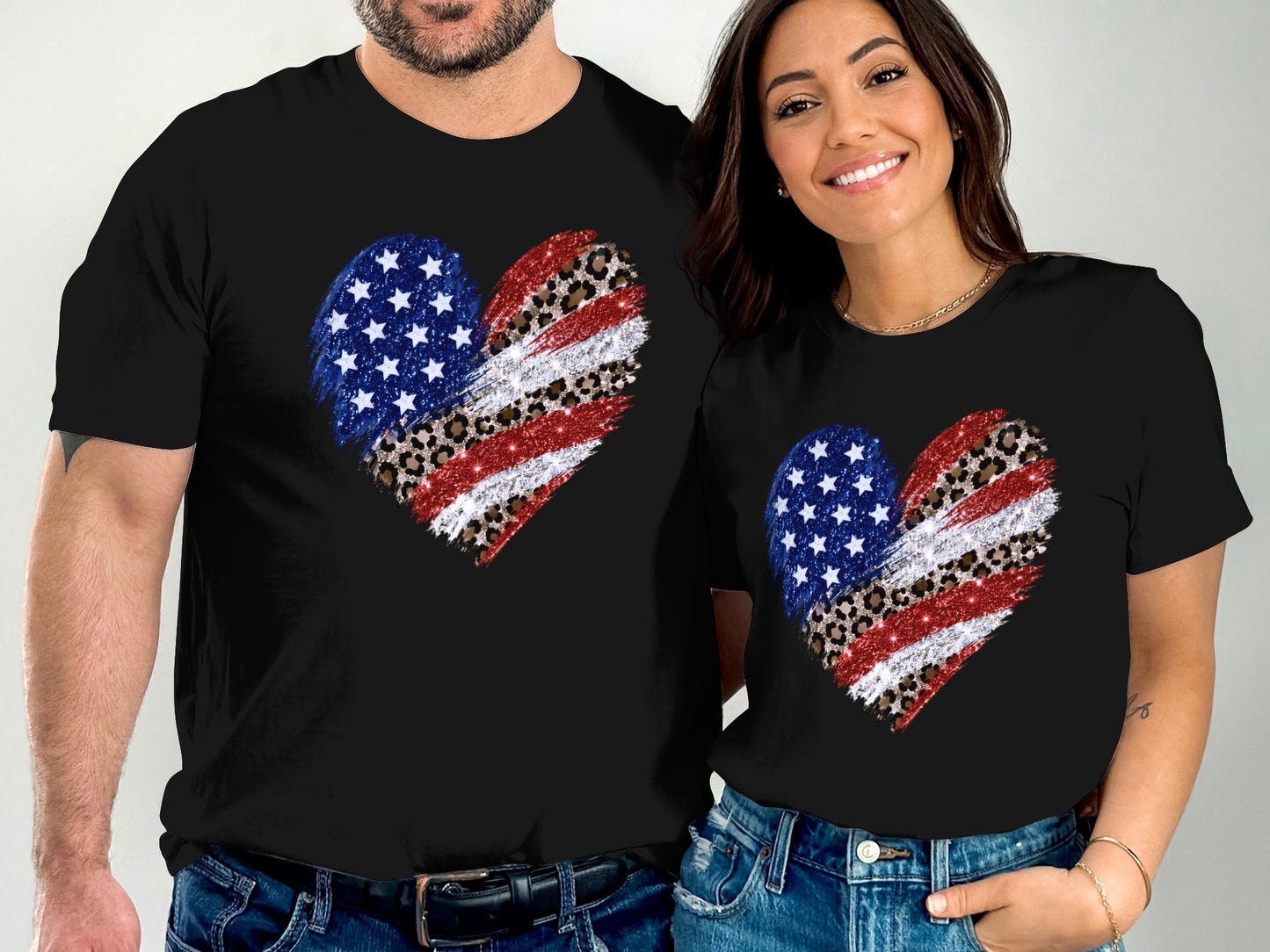 Matching black t-shirts with distressed American flag heart graphic.