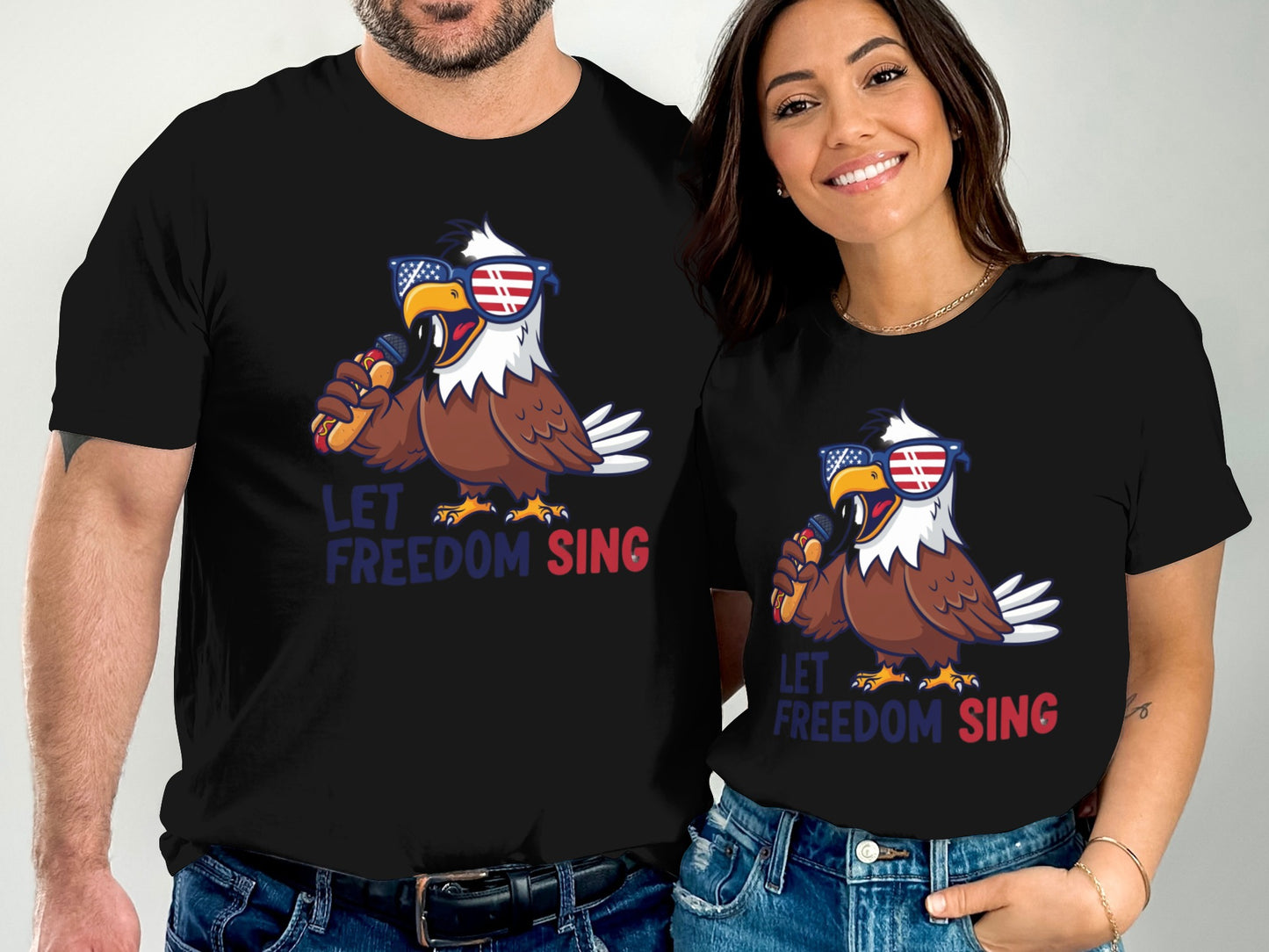 Couple wearing black t-shirts with an eagle singing into a microphone.