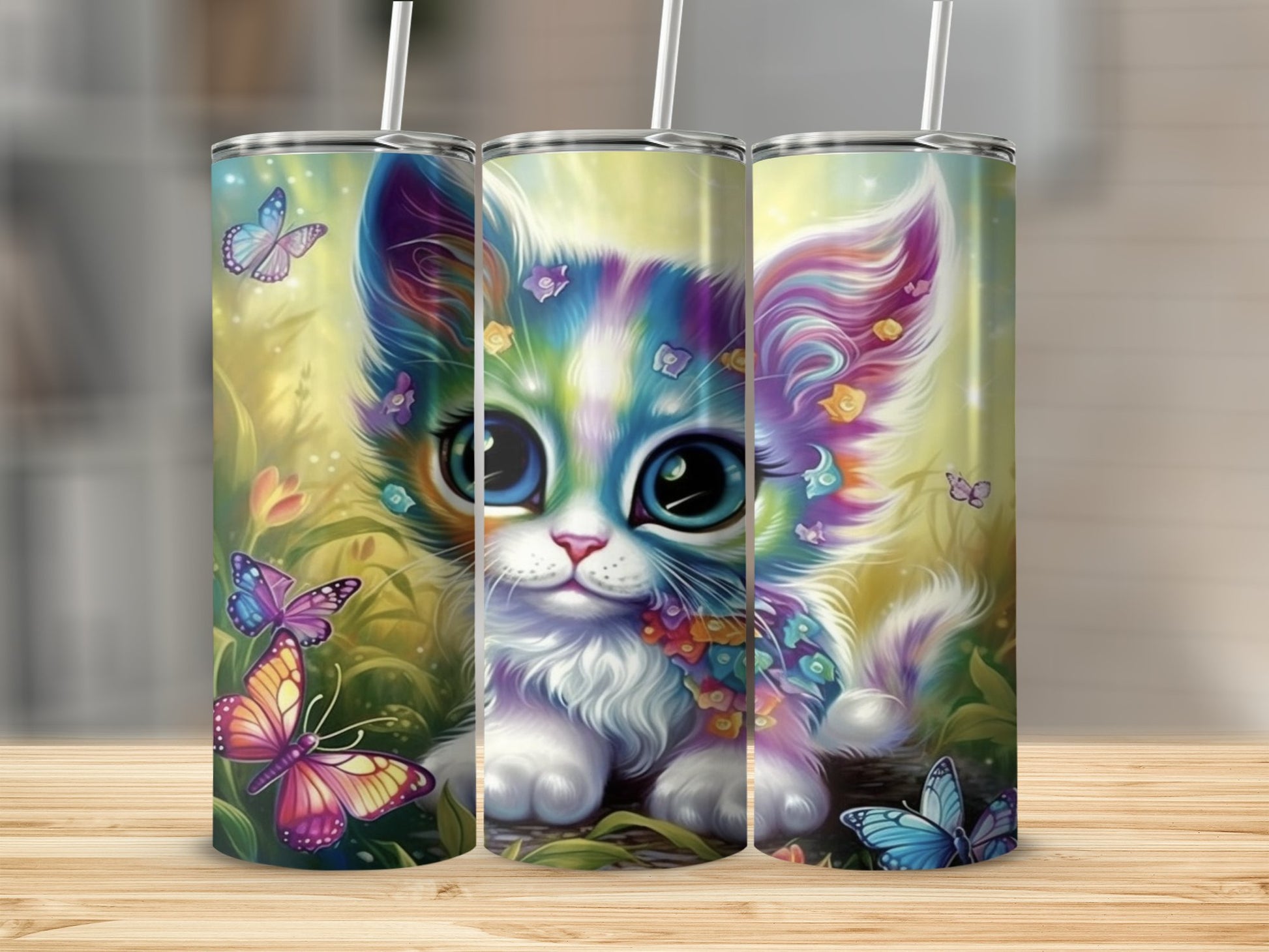 Colorful Cute Cat Design with Butterflies Tumbler product