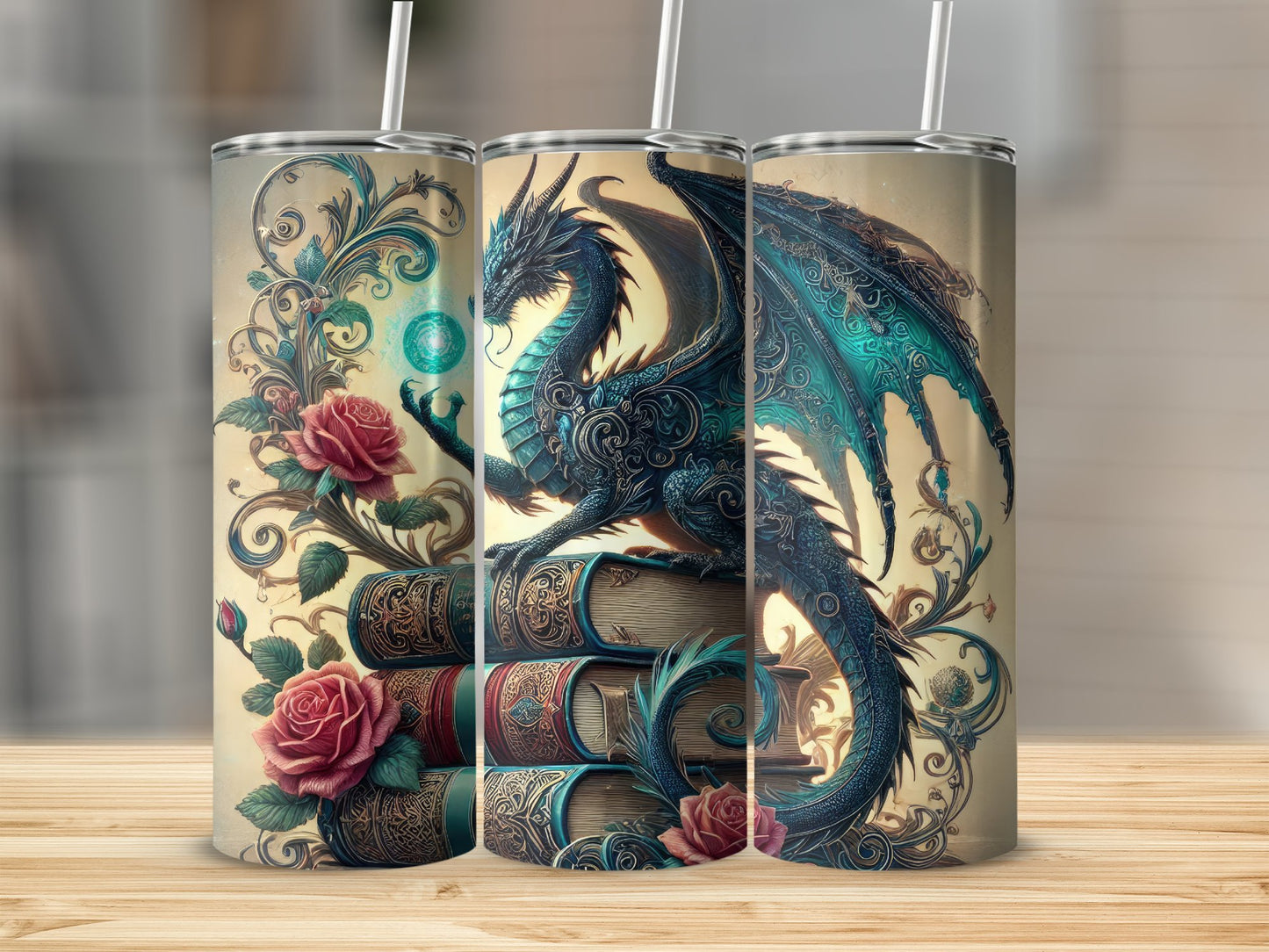 Stunning Dragon and Roses Print Tumbler product