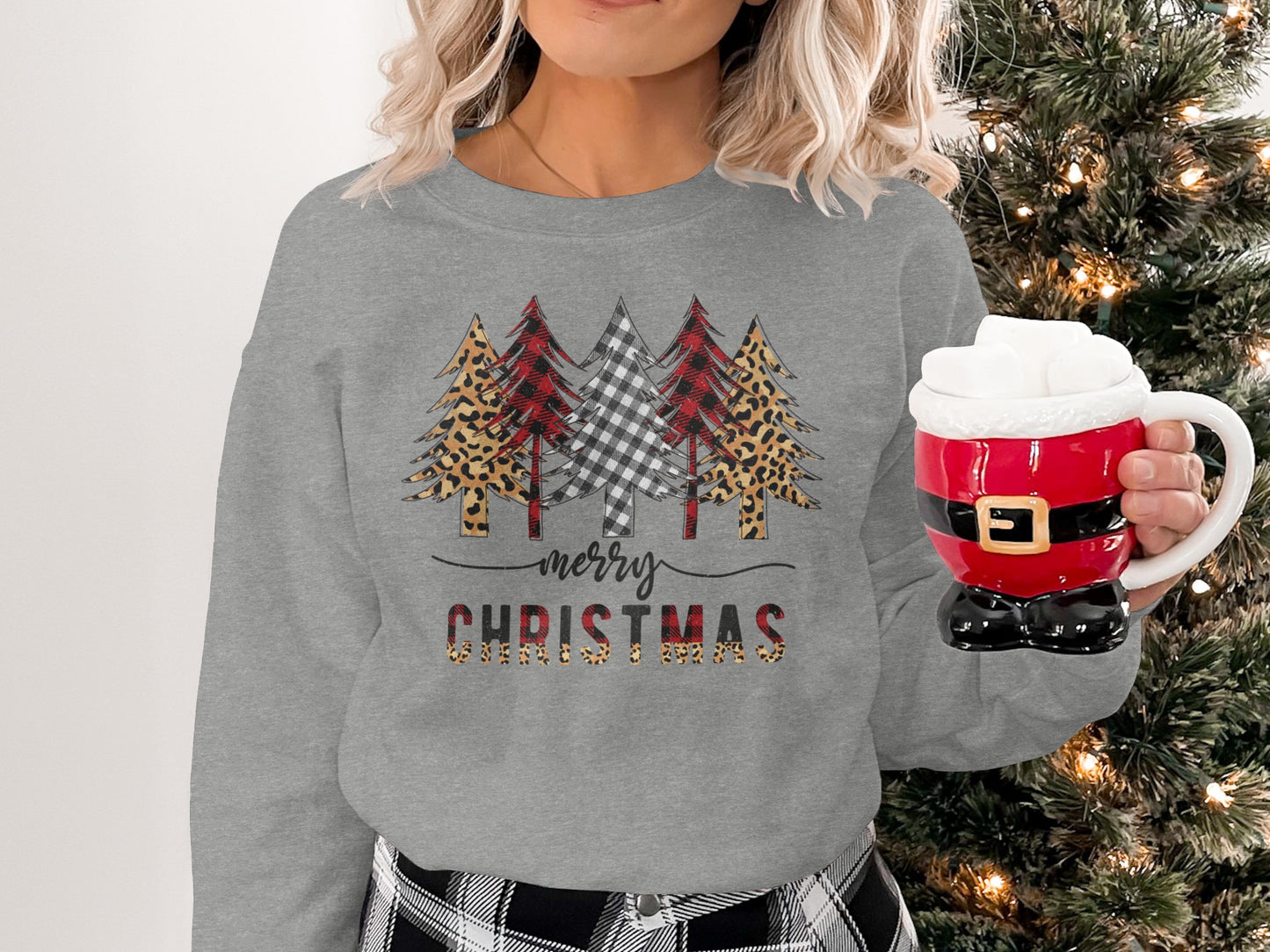 Merry Christmas Plaid Leopard Tree Graphic Sweatshirt