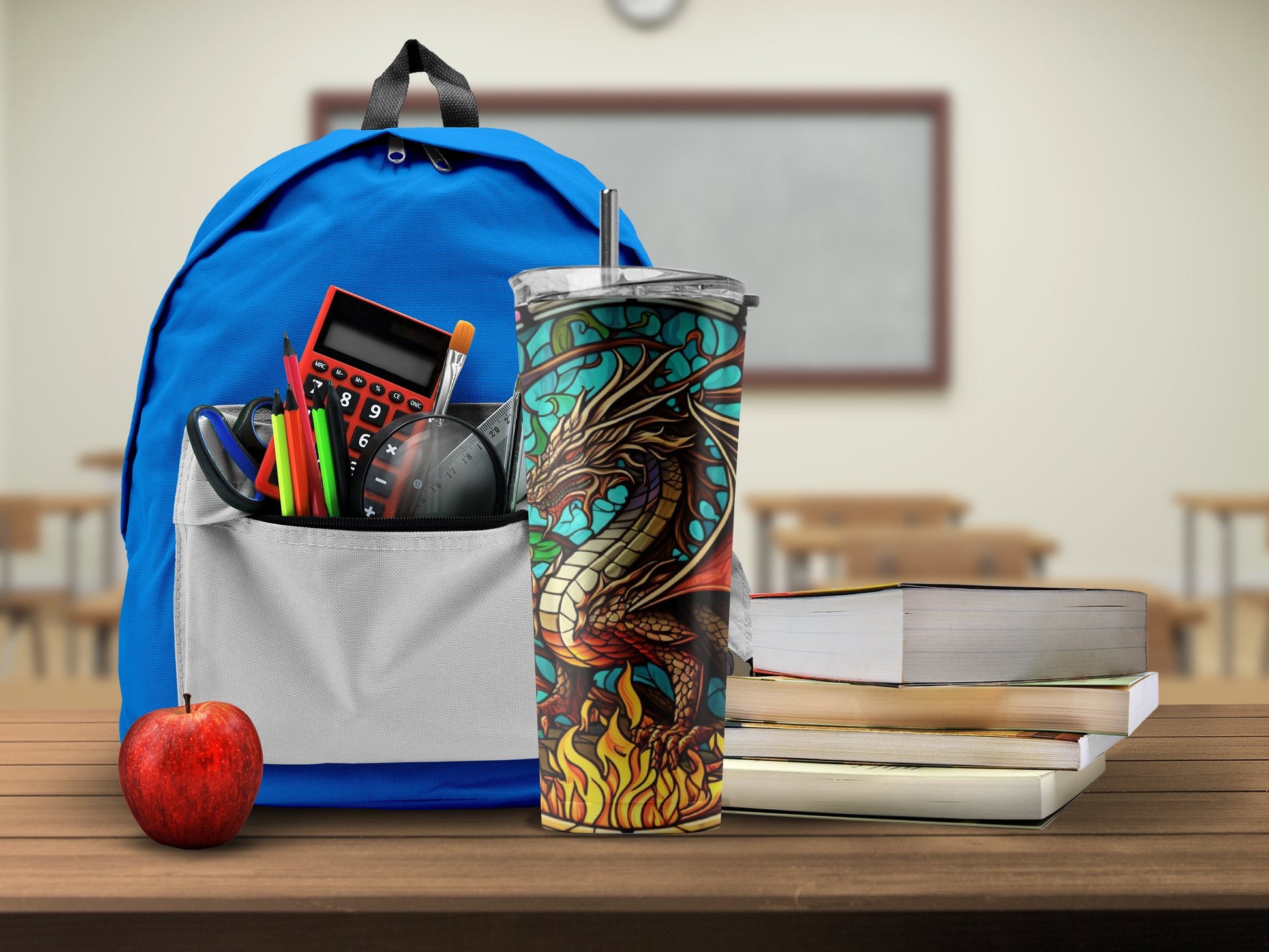 Blue Backpack with Dragon Tumbler and School Supplies product