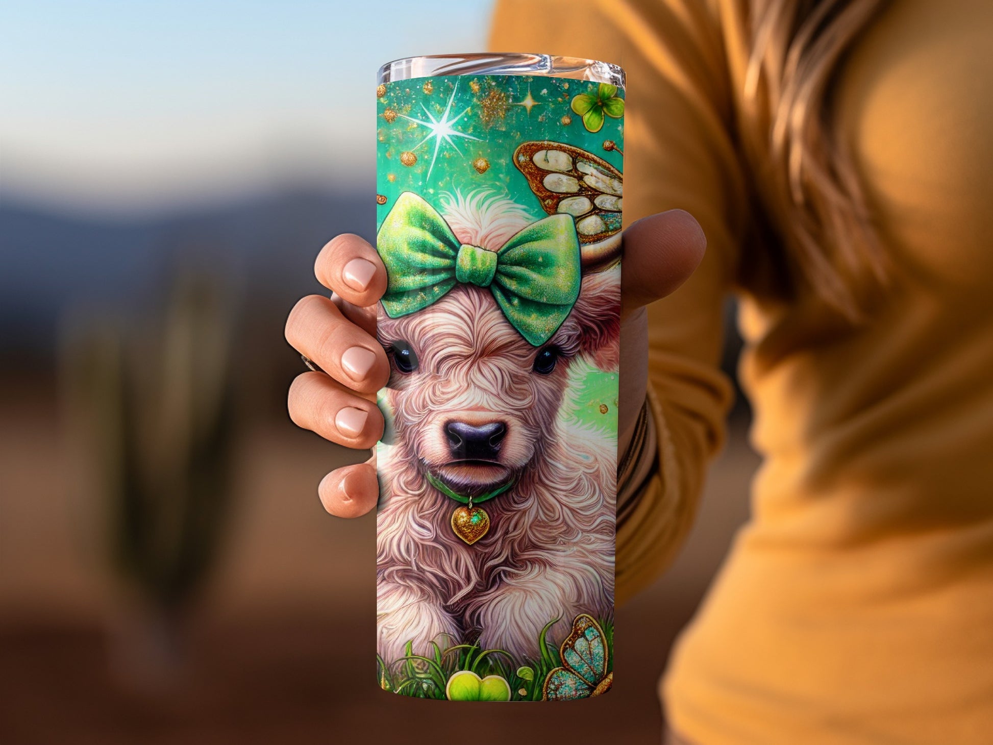 Cute Green Bow Lamb Design Illustration Tumbler Cup