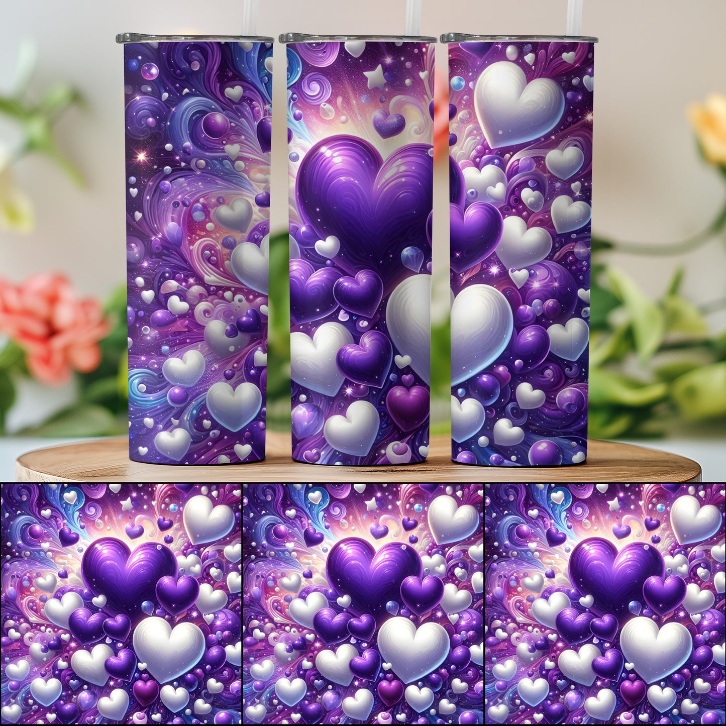 Purple White Hearts Galaxy Design Tumbler 20oz