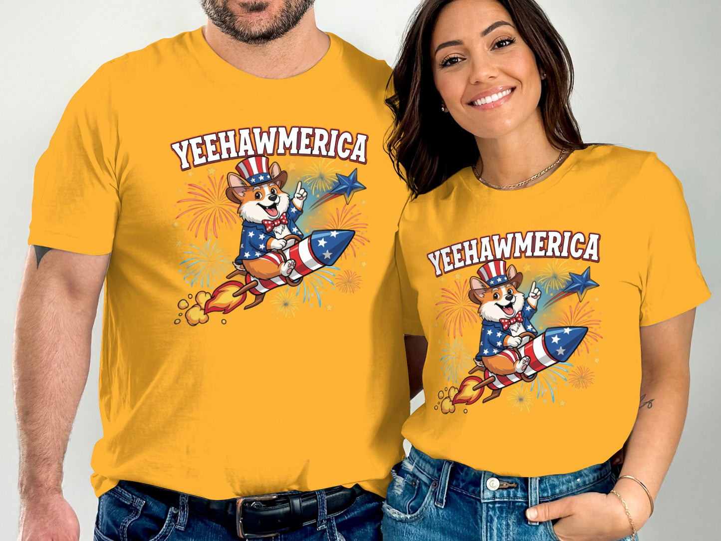 Couple wearing matching "Yeehawmerica" shirts with a cartoon corgi on a rocket.
