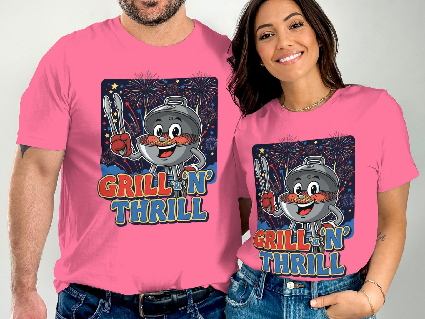 Two people wear pink t-shirts with a cartoon grill graphic and "Grill 'N' Thrill" text.