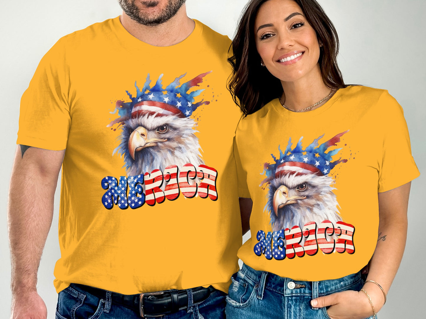 Two people wear yellow t-shirts with an eagle wearing a patriotic hat and "MERCY" text.