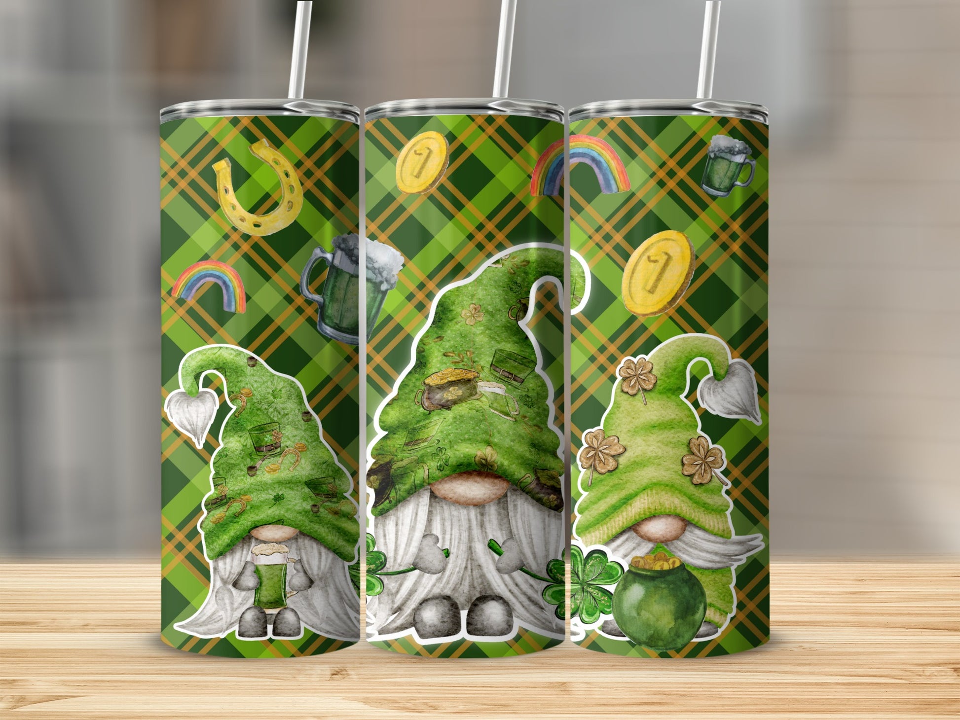 St. Patrick's Day Gnome Plaid Pattern Tumbler