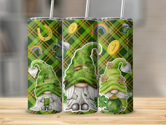 St. Patrick's Day Gnome Plaid Pattern Tumbler
