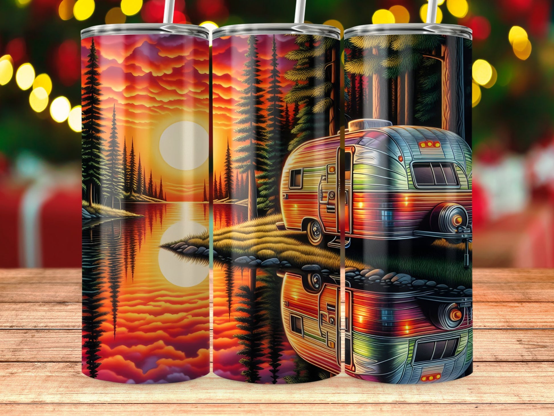 Scenic Sunrise Lake and Camper Design Tumbler product