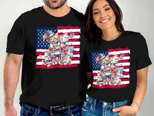 Two people wear black t-shirts with American flag and kitten graphic.