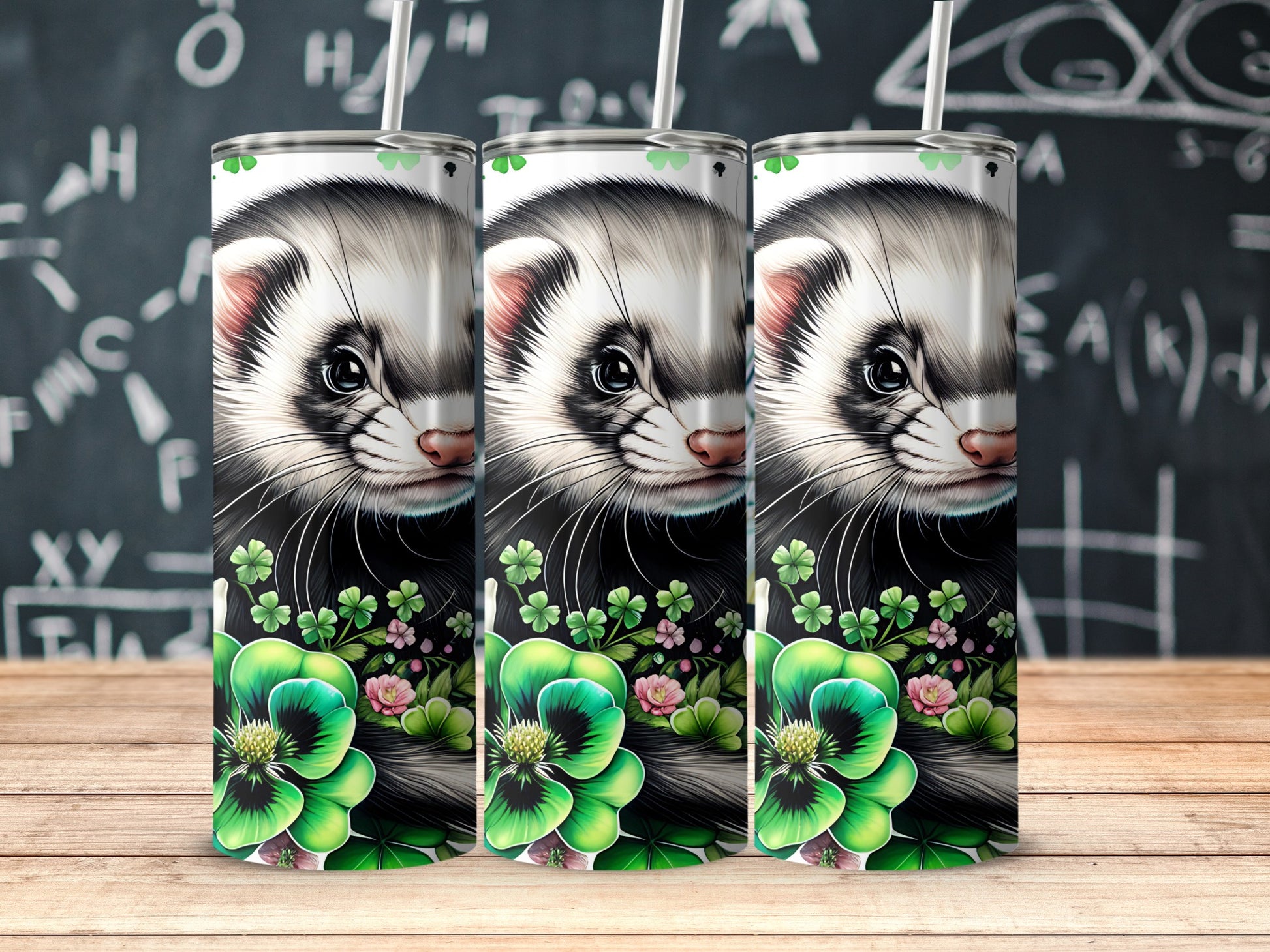 Cute Ferret and Green Floral Design Tumbler Product