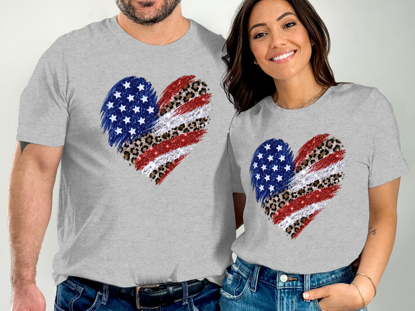 Two gray t-shirts with patriotic heart designs featuring American flag and leopard print.
