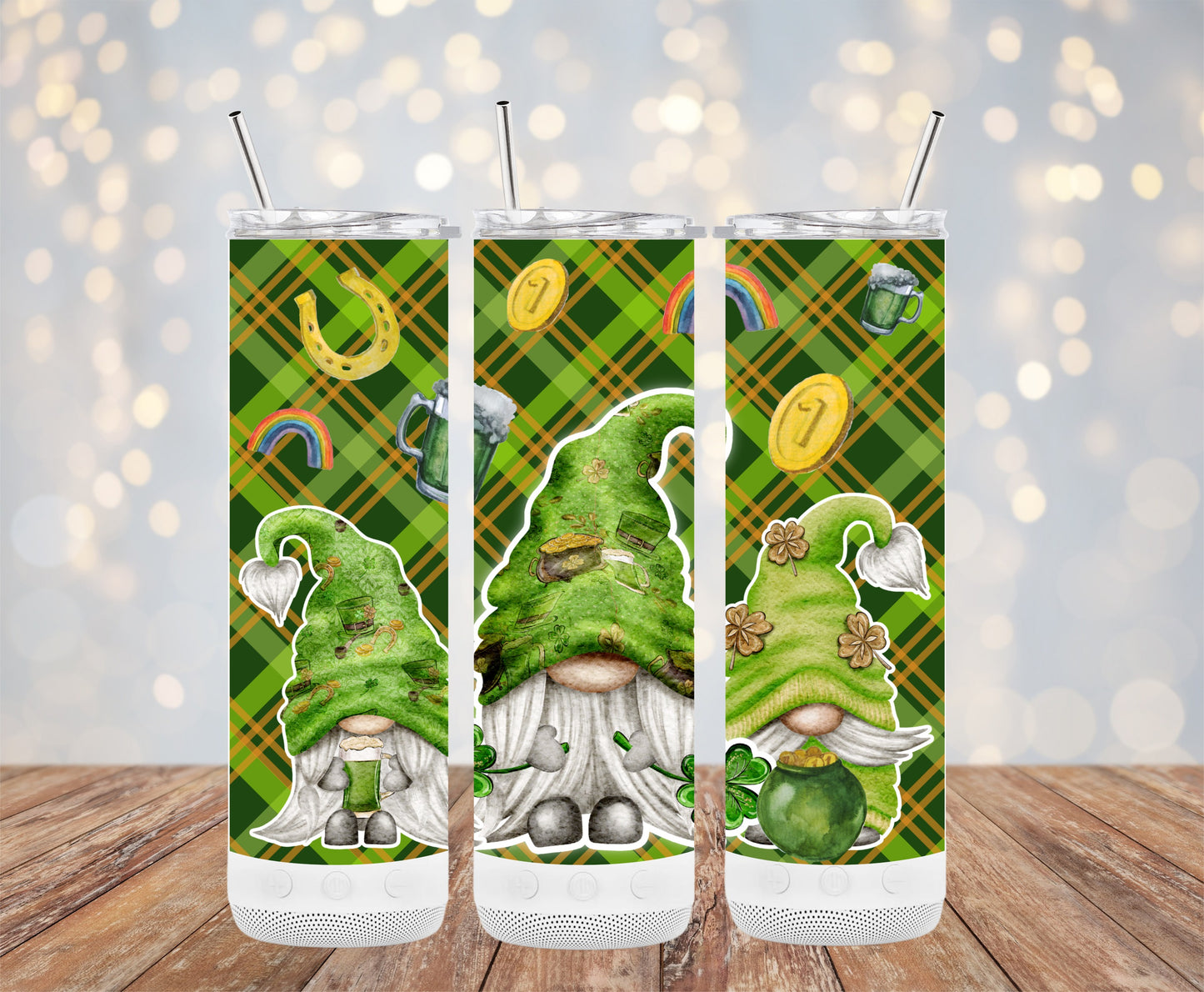 St. Patrick's Day Gnome Plaid Pattern Tumbler Cup