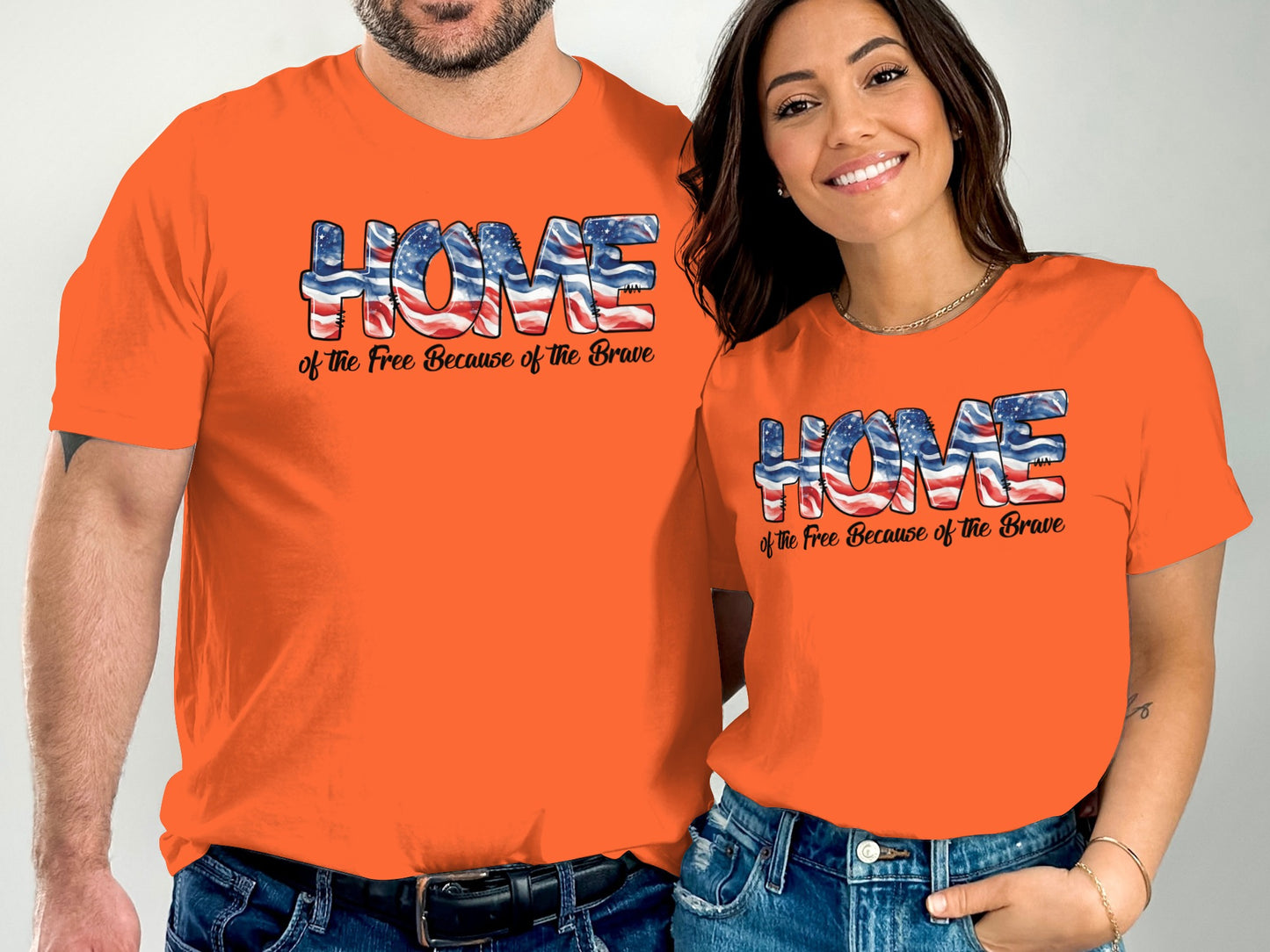 Orange t-shirts with "HOME of the Free Because of the Brave" in American flag print.