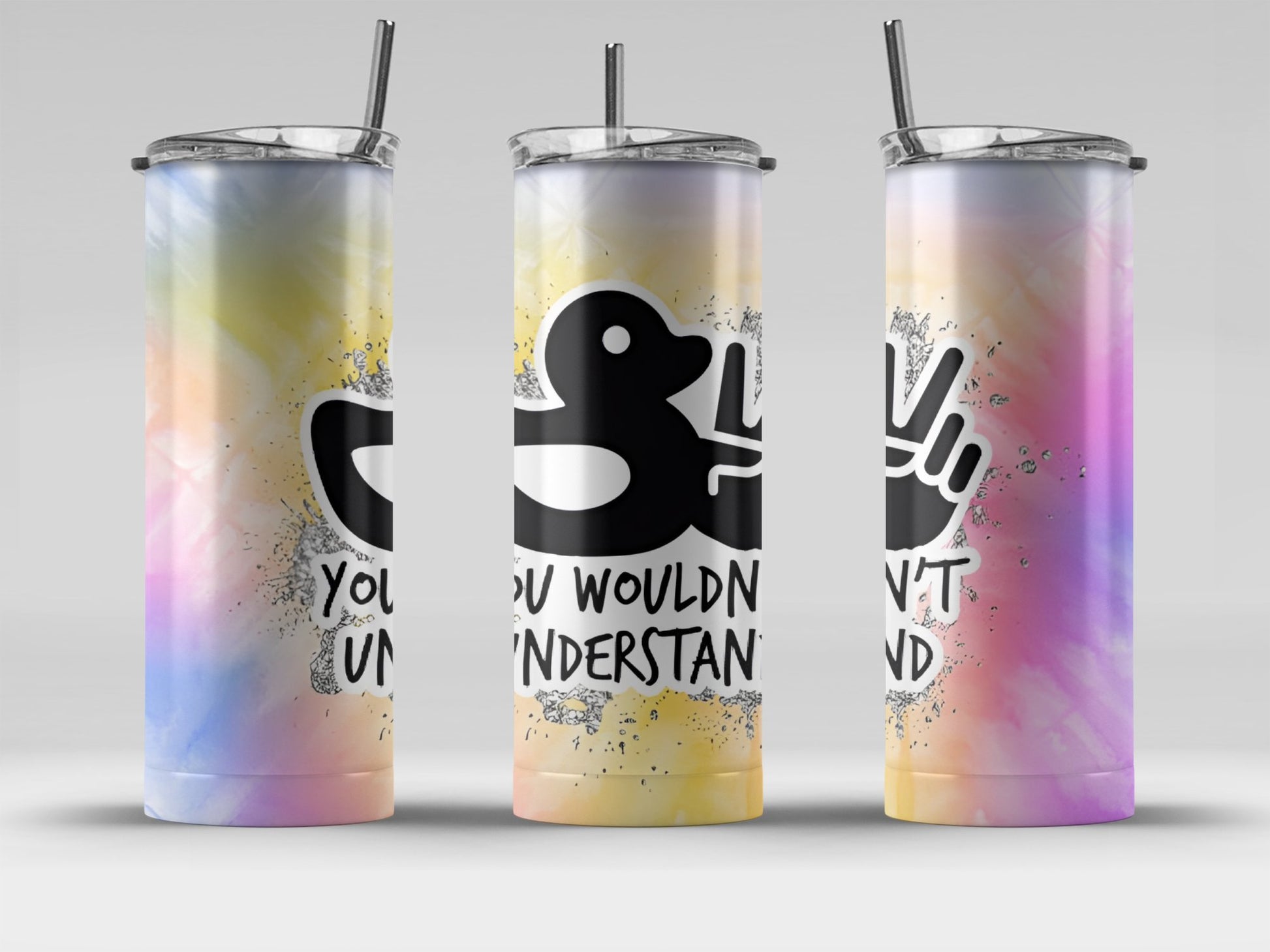 Colorful funny duck tumbler gift with black duck graphic and You Wouldnt Understand text in clearance section