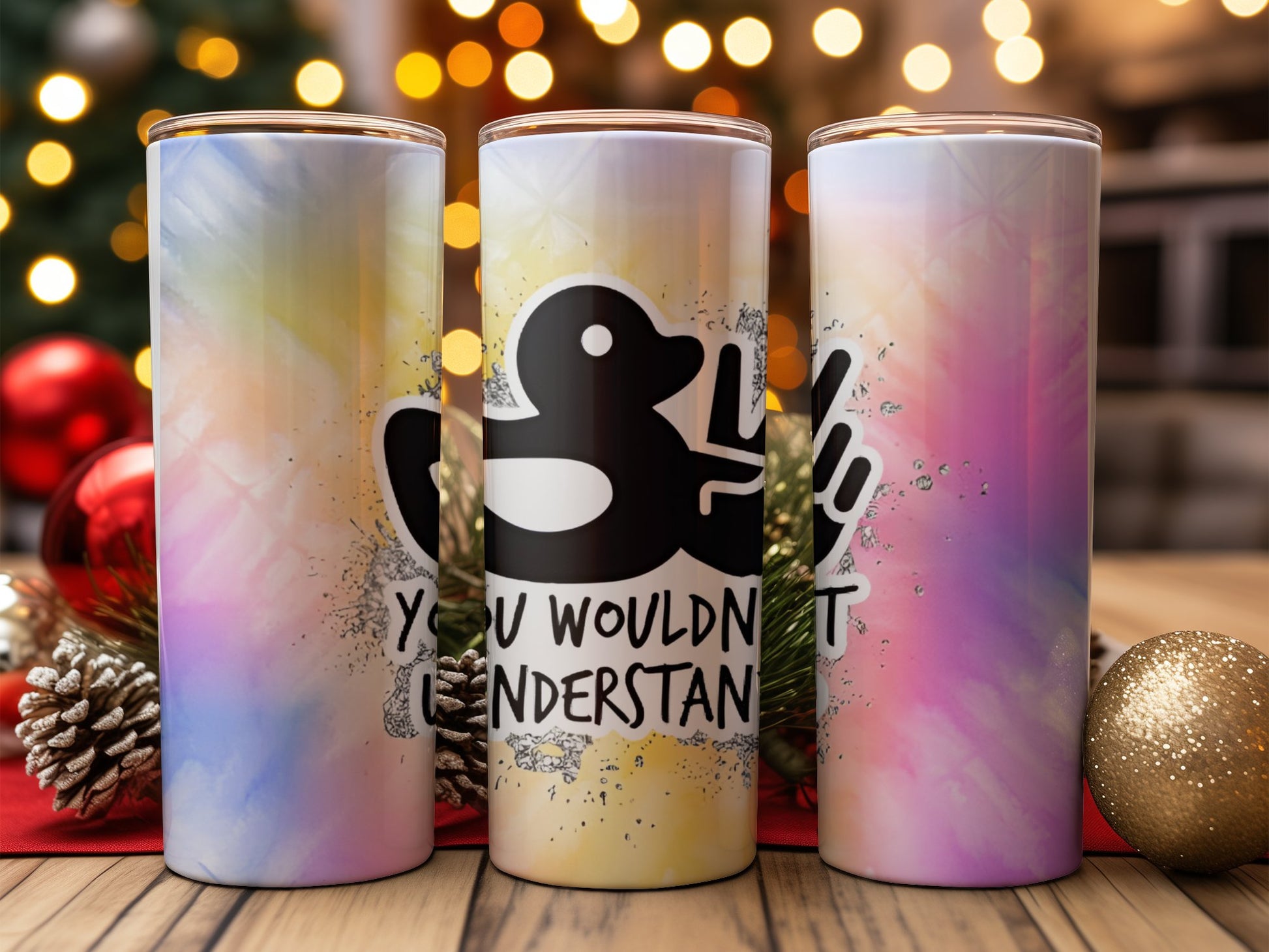 Funny duck tumbler gift with colorful gradient background and humorous black duck design