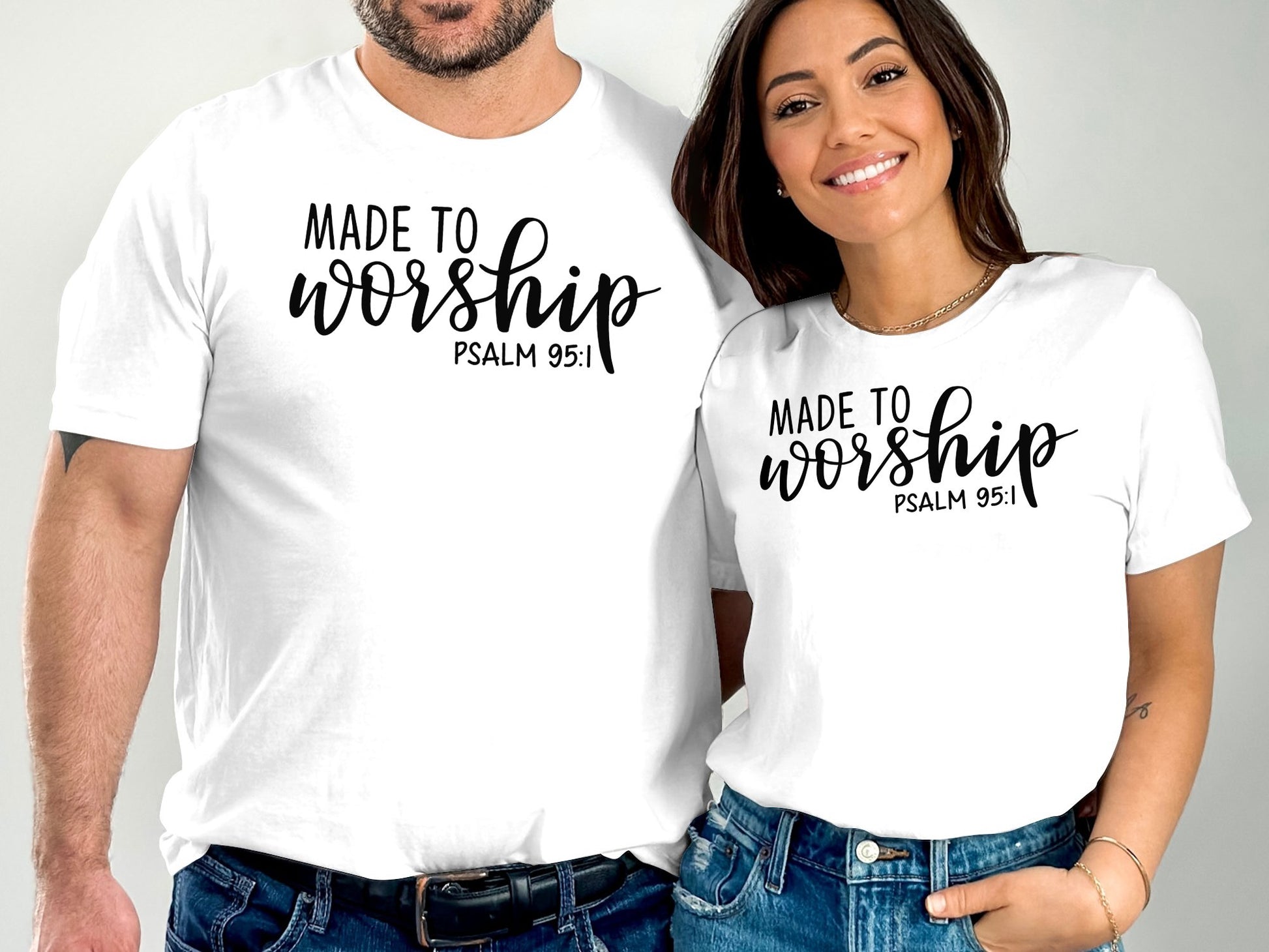 White T-Shirts with made to worship apparel text and Psalm 95:1 scripture worn by man and woman
