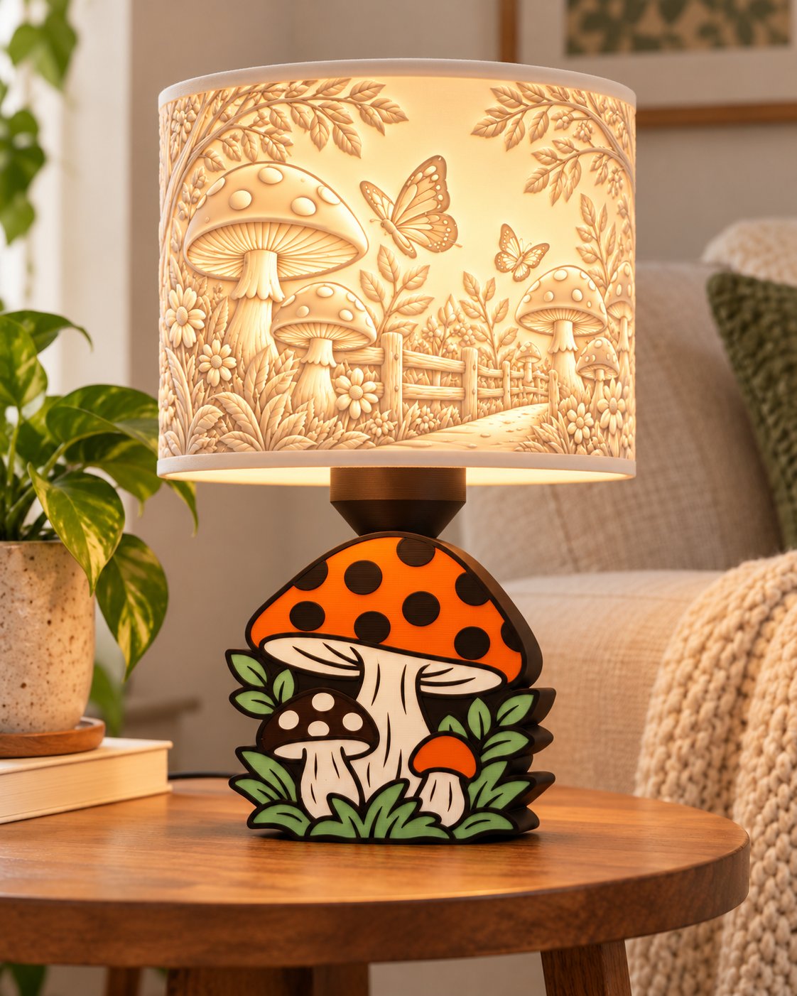 Enchanted Mushroom Lithophane Lamp lit up showing woodland mushroom scene