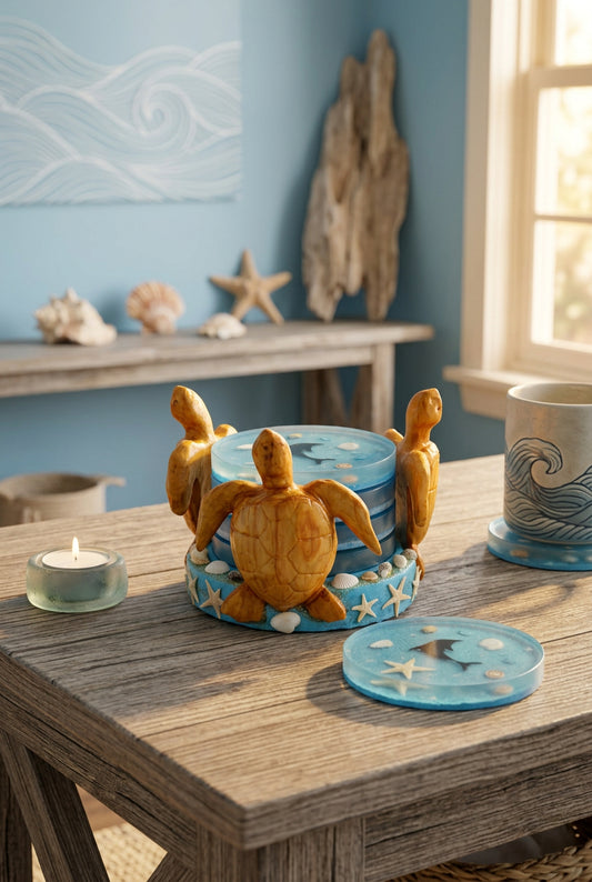 Sea turtle coaster holder with ocean coasters