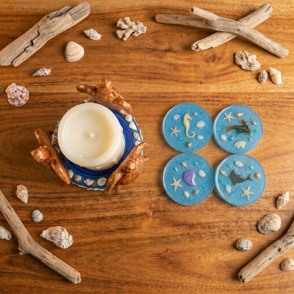 Coasters laid out showing sea creature designs