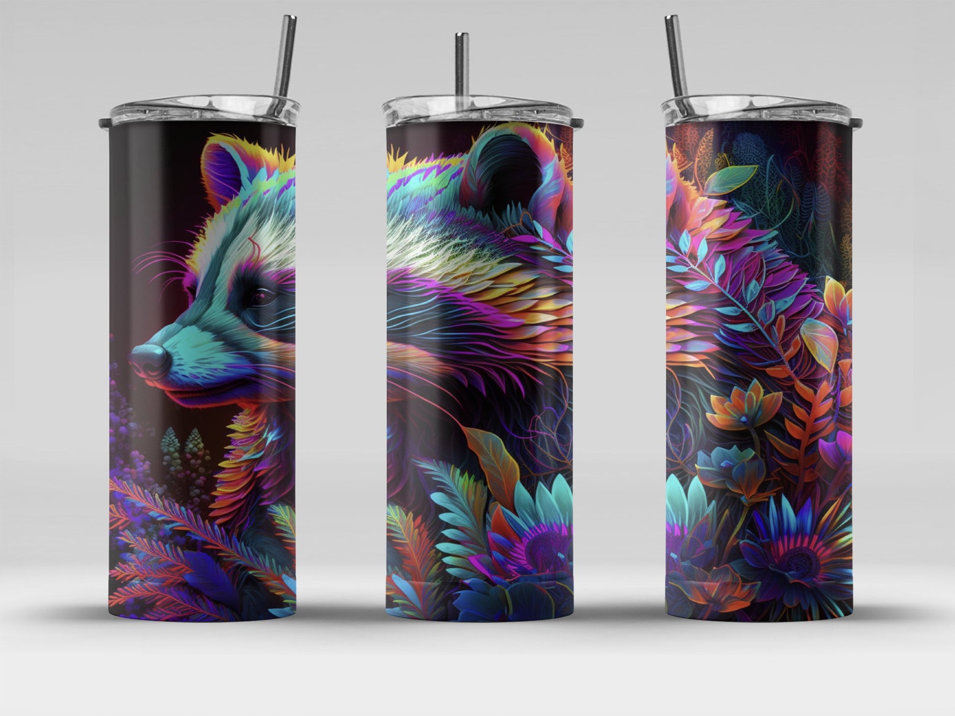 Bates Custom Creations vibrant racoon print tumbler with colorful neon foliage design and metal straw