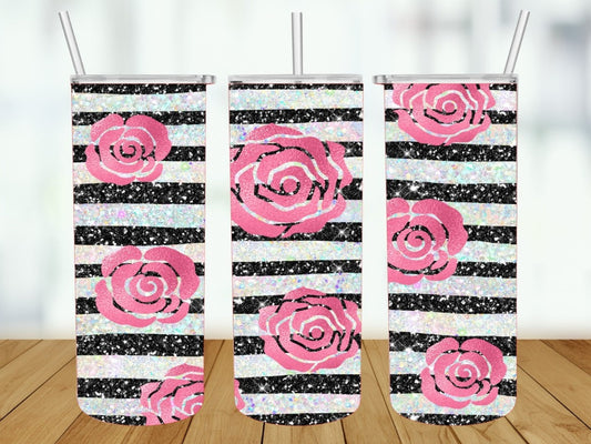 Black n White Glitter Stripes Roses Tumbler