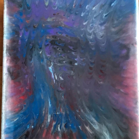 Colorful abstract wall art featuring swirling patterns in blue, purple, red, and gray tones
